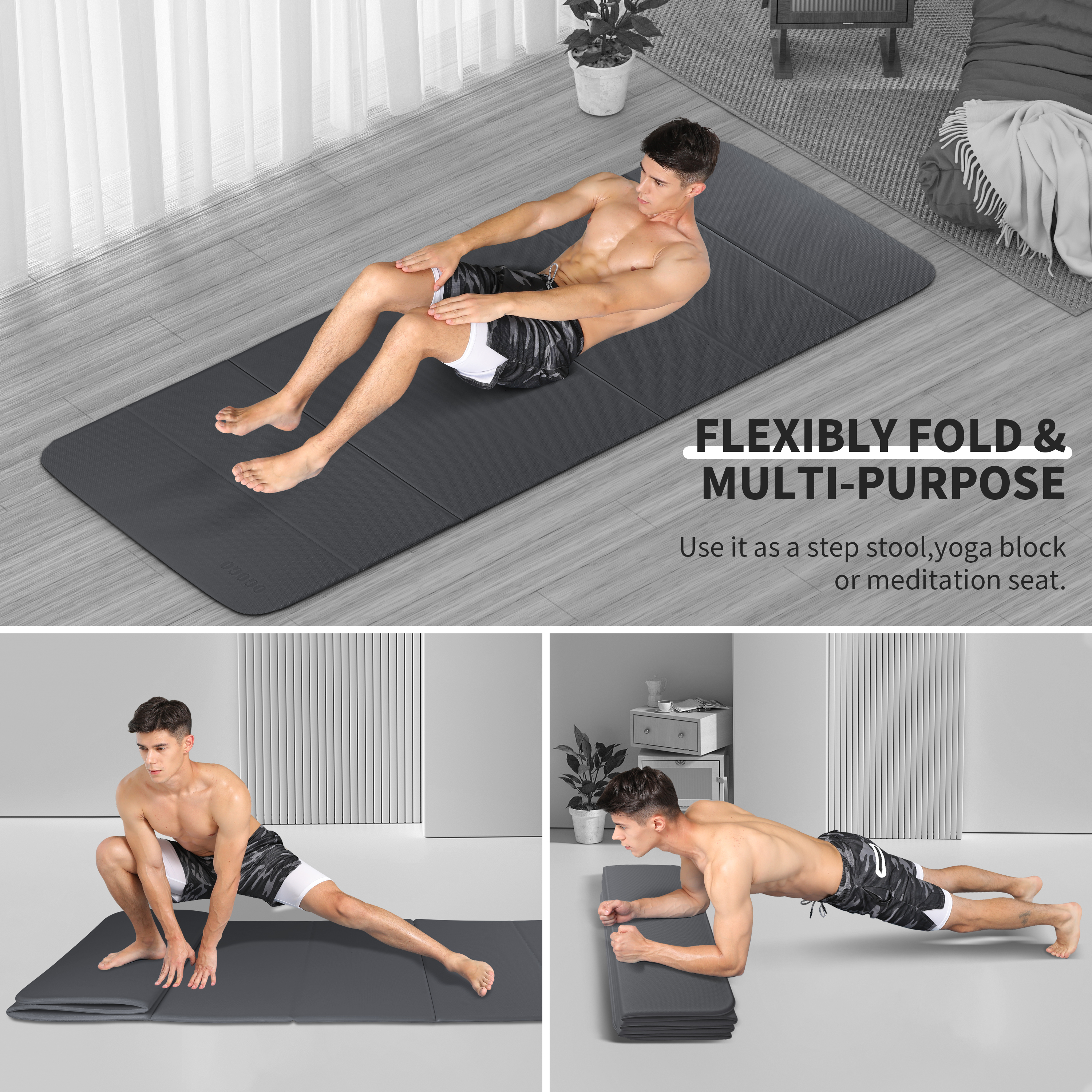 2-in-1 Foldable Fitness Mat 75 x 26 inches - Extra Thick 2/5 Inches Yoga Mat, Lightweight and Portable, Ideal for Yoga, Pilates, Full Body Workouts, Doubles as Step Stool, Yoga Block, Meditation Seat