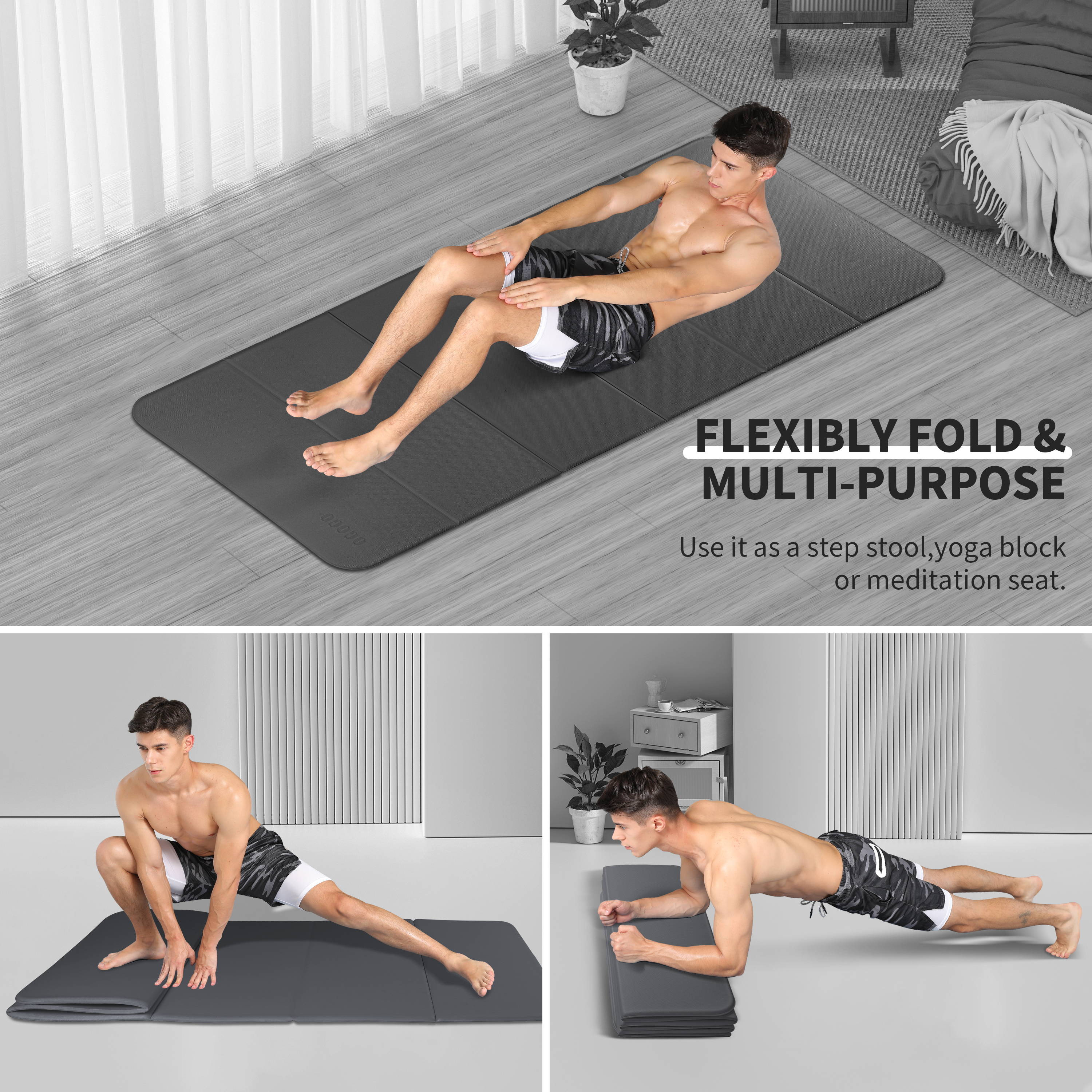 Foldable Yoga Mat - Extra Thick 70" x 24.8"x 2/5 Inches Eco-Friendly POE Material, Non-Slip Design Fitness Mats, Multi-Purpose Workout Mats For Studio or Home Use
