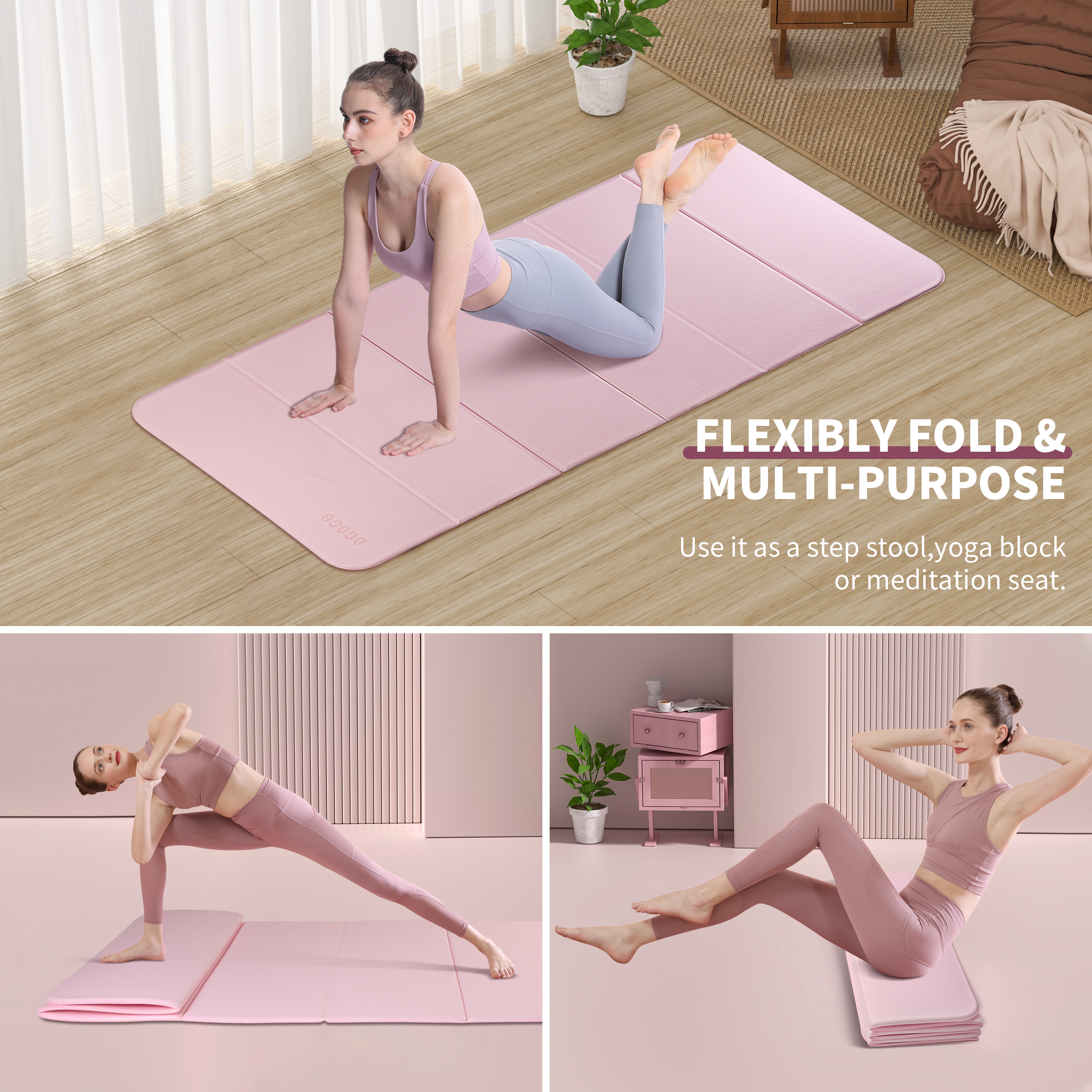 Foldable Yoga Mat - Extra Thick 70" x 24.8"x 2/5 Inches Eco-Friendly POE Material, Non-Slip Design Fitness Mats, Multi-Purpose Workout Mats For Studio or Home Use