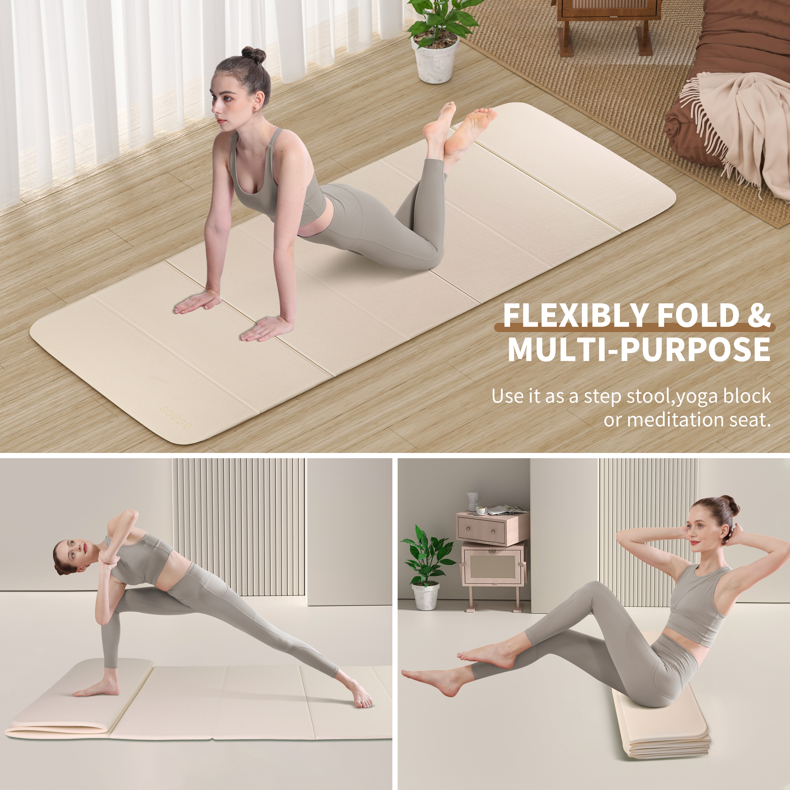 2-in-1 Foldable Fitness Mat 75 x 26 inches - Extra Thick 2/5 Inches Yoga Mat, Lightweight and Portable, Ideal for Yoga, Pilates, Full Body Workouts, Doubles as Step Stool, Yoga Block, Meditation Seat