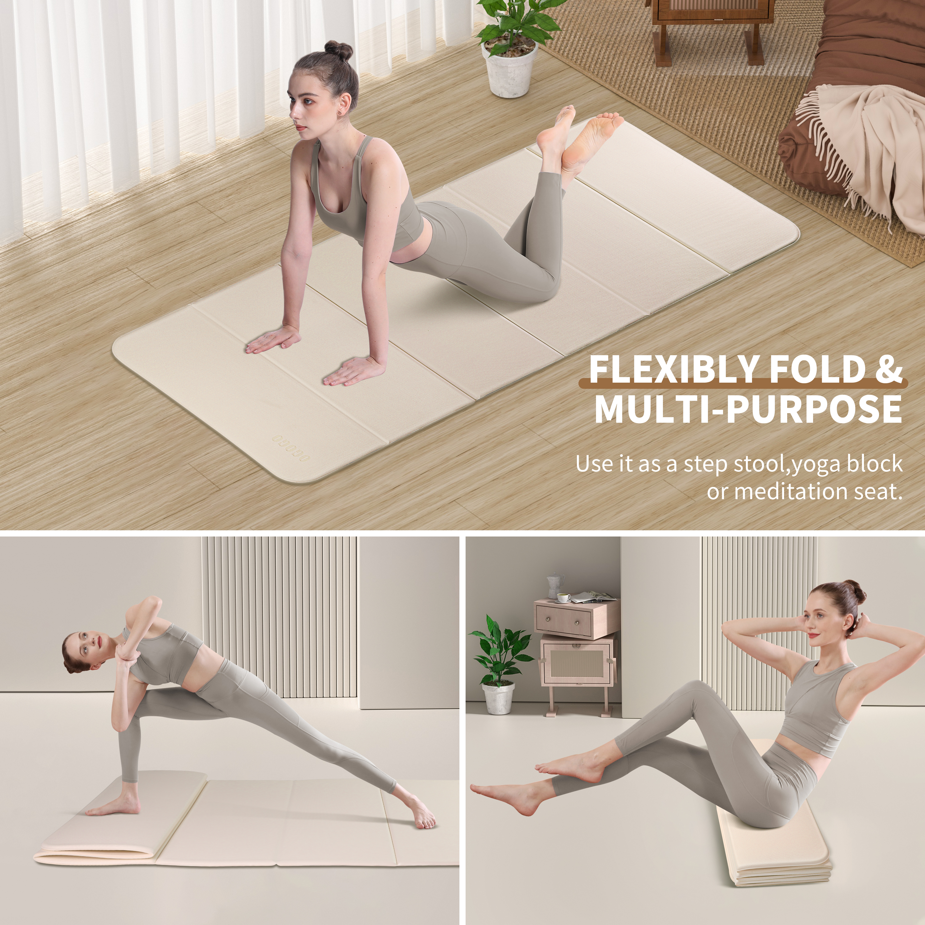 Foldable Yoga Mat - Extra Thick 70" x 24.8"x 2/5 Inches Eco-Friendly POE Material, Non-Slip Design Fitness Mats, Multi-Purpose Workout Mats For Studio or Home Use