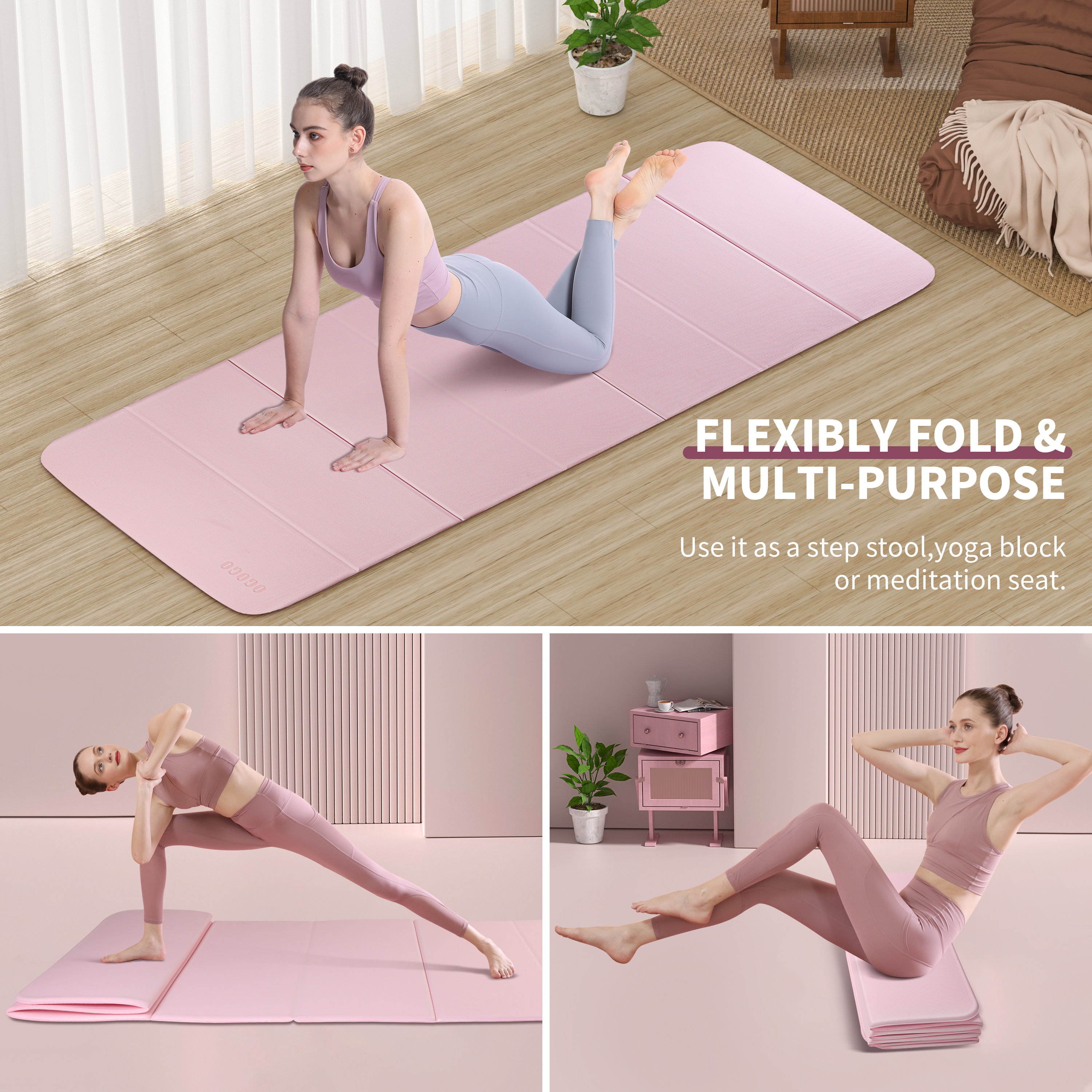 2-in-1 Foldable Fitness Mat 75 x 26 inches - Extra Thick 2/5 Inches Yoga Mat, Lightweight and Portable, Ideal for Yoga, Pilates, Full Body Workouts, Doubles as Step Stool, Yoga Block, Meditation Seat