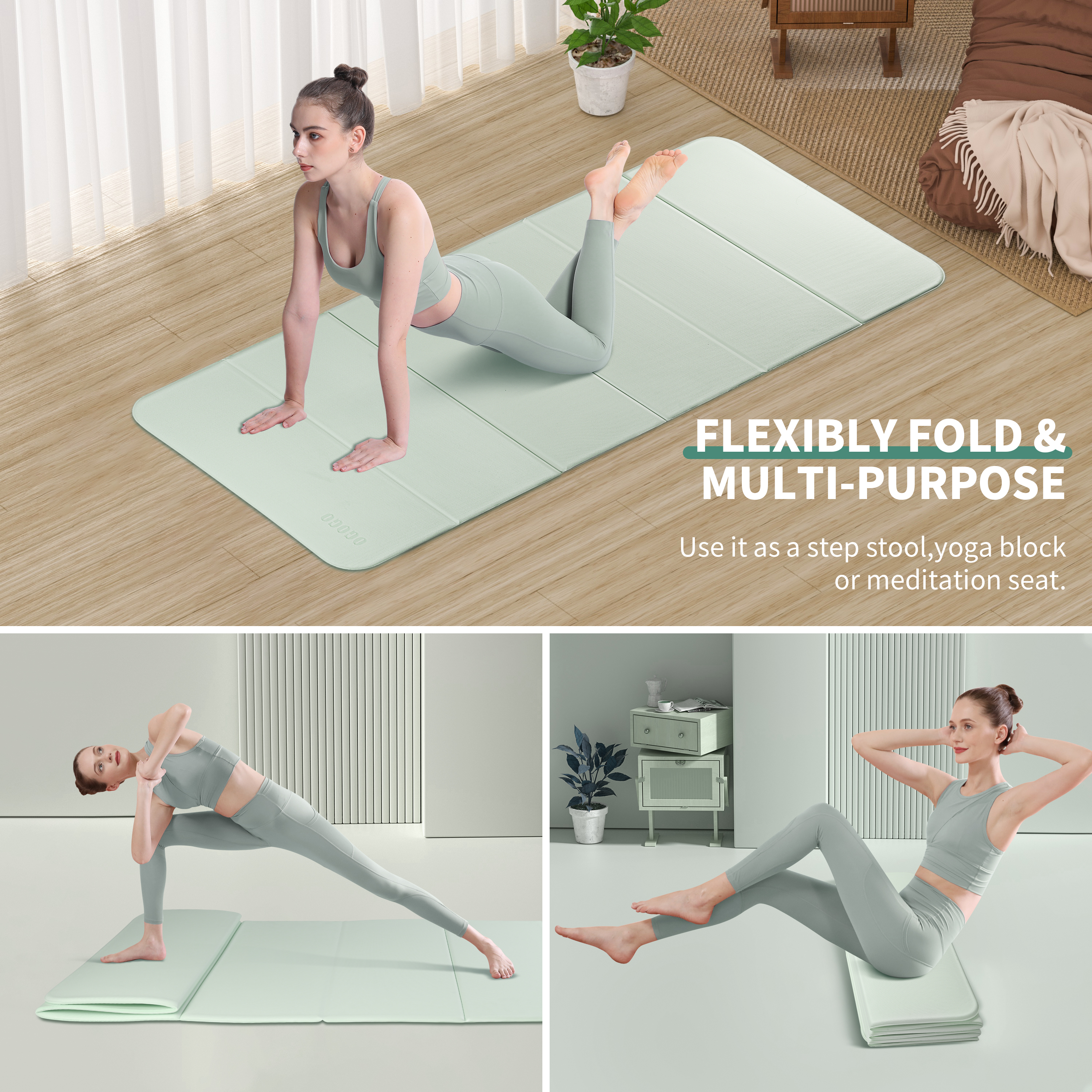 Foldable Yoga Mat - Extra Thick 70" x 24.8"x 2/5 Inches Eco-Friendly POE Material, Non-Slip Design Fitness Mats, Multi-Purpose Workout Mats For Studio or Home Use