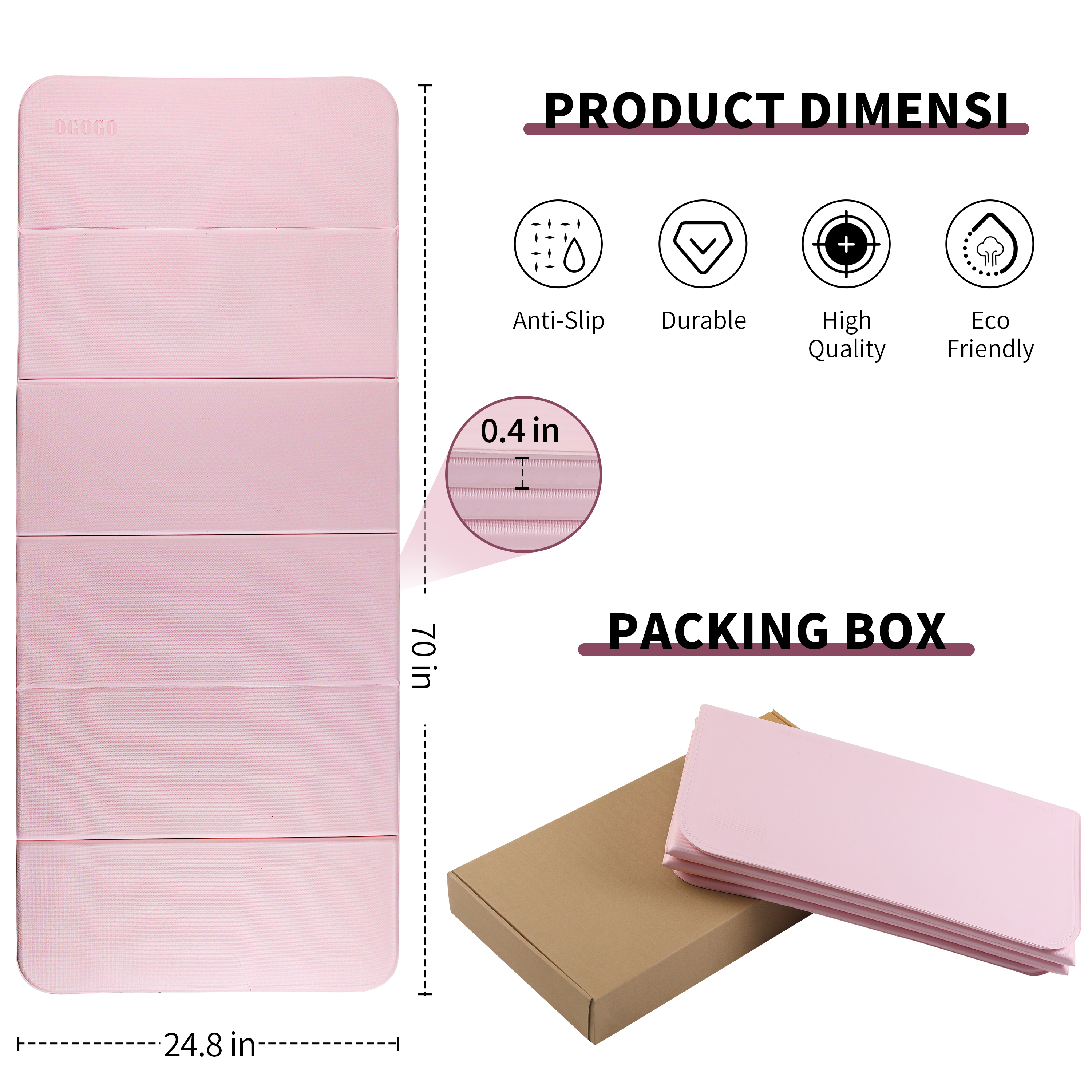 Foldable Yoga Mat - Extra Thick 70" x 24.8"x 2/5 Inches Eco-Friendly POE Material, Non-Slip Design Fitness Mats, Multi-Purpose Workout Mats For Studio or Home Use